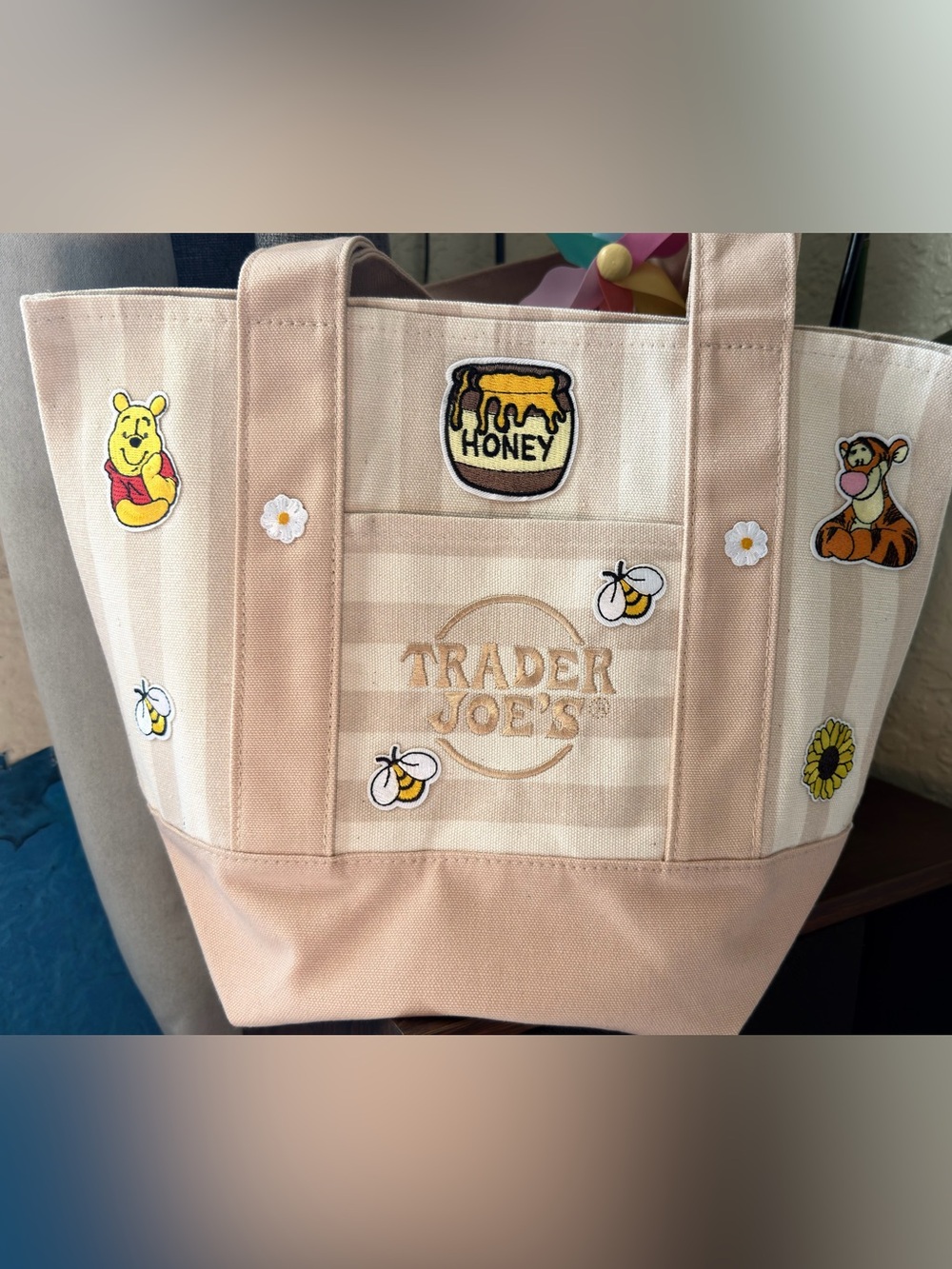 Trader Joe's Beige & Cream Striped Tote with Winnie-the-Pooh Patches - Picture 2 of 7